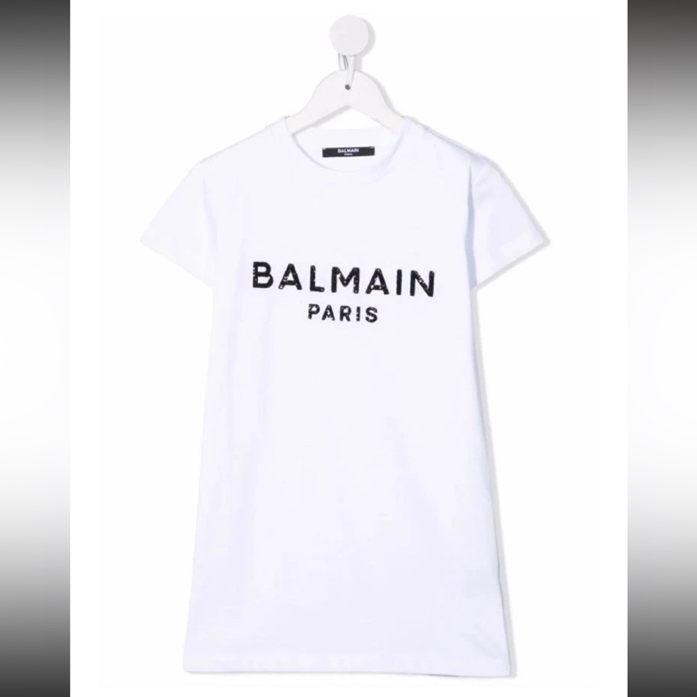 Balmain Paris Girls Size 8 White & Black Sequin T-shirt Dress